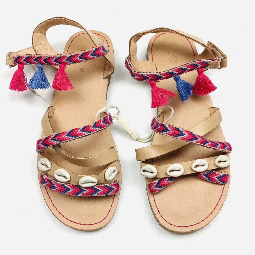 Zara girls Pompom Tassel Sea Shell Leather Sandals girls EU34  Blue Pink Tan